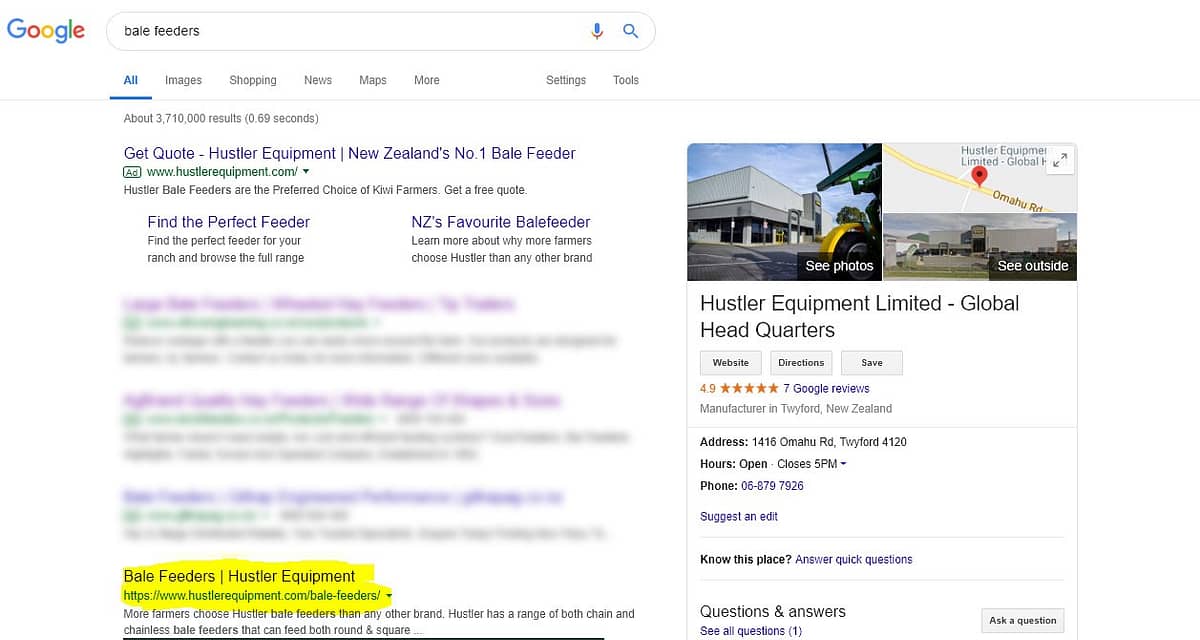 Number 1 position in organic Google NZ for search word bale feeders
